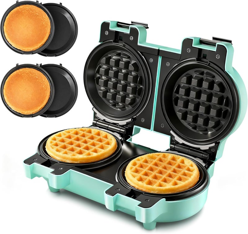 CACHOO 2-in-1 Double Waffle & Pancake Maker - Mini 4" Nonstick Waffle Iron & Small Round Griddle with 4 Removable Plate Sets, Dishwasher Safe, Perfect for Small Spaces, Apartments & Dorms, Aqua - Image 1